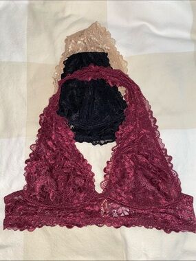 Yelete Lace Bralette Trio in Burgundy, Black & Nude